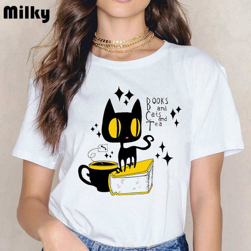 funny books and cats/dogs and tea design Women clothes 2020 t shirt femme kawaii print tshirt graphic women tees tumblr clothes