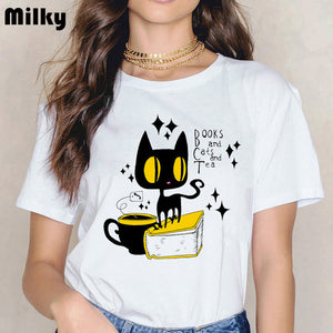 funny books and cats/dogs and tea design Women clothes 2020 t shirt femme kawaii print tshirt graphic women tees tumblr clothes