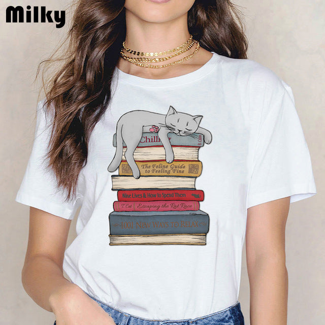 funny books and cats/dogs and tea design Women clothes 2020 t shirt femme kawaii print tshirt graphic women tees tumblr clothes