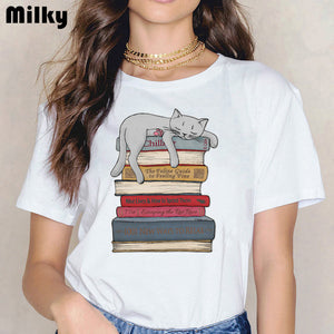 funny books and cats/dogs and tea design Women clothes 2020 t shirt femme kawaii print tshirt graphic women tees tumblr clothes