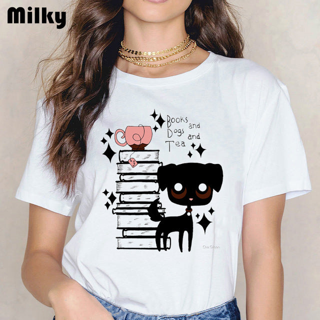 funny books and cats/dogs and tea design Women clothes 2020 t shirt femme kawaii print tshirt graphic women tees tumblr clothes