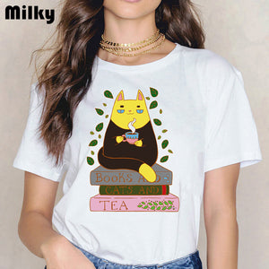 funny books and cats/dogs and tea design Women clothes 2020 t shirt femme kawaii print tshirt graphic women tees tumblr clothes