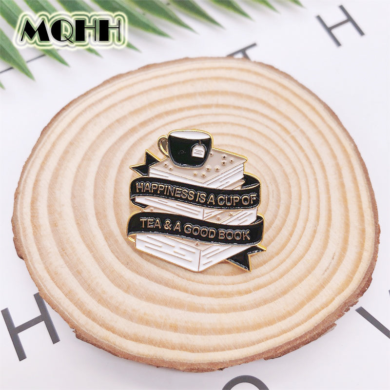 Cartoon Creative Black Books Learning Coffee Tea Cup Enamel Brooch Pin Alloy Badge Clothes Bags Accessories Jewelry Gifts