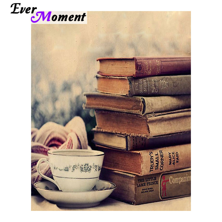 Ever Moment Diamond Painting Old Books Cup of Tea Diamond Embroidery Relax Reading Time Craft Decoration for Study Room ASF953